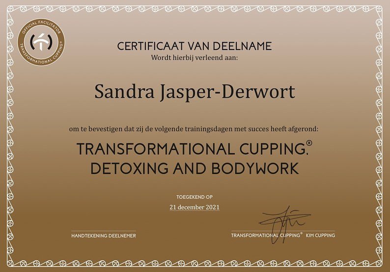 Het certificaat Transformational Cupping van Sandra Jasper-Derwort